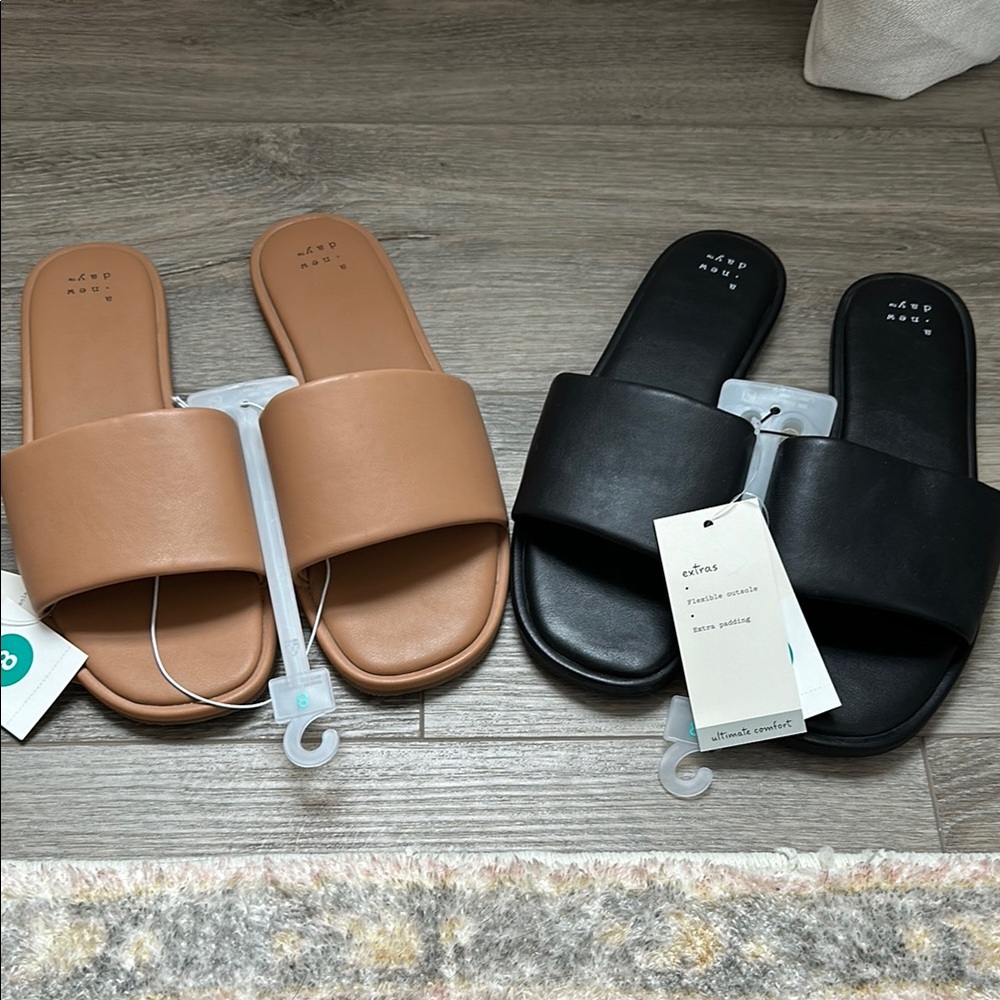 A New Day Tan and Black Slide Sandal Bundle NWT